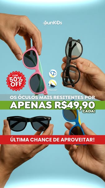 This image ad showcases SunKids sunglasses, emphasizing their durability and flexibility. It features a limited-time off