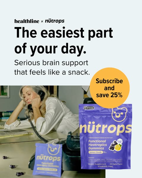 This ad for Nütrops brain support gummies features an image of a tired woman at a desk with the headline, "The easi