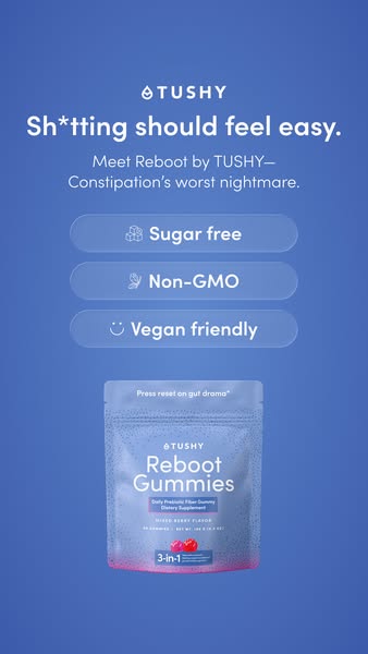 This ad features the Tushy Reboot Gummies, which are designed to ease constipation. It highlights the product's key 
