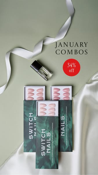 The ad features three Switch Nails products against a simple background with a white ribbon detail and a bottle of nail 