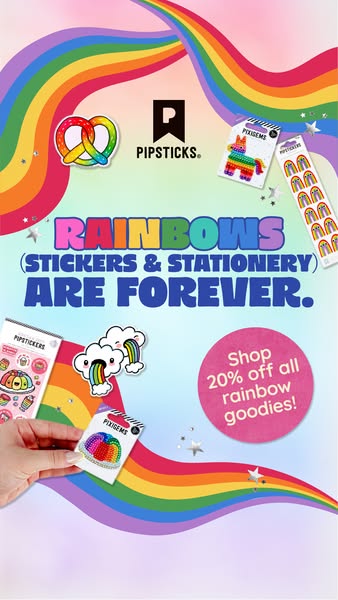 This image ad promotes Pipsticks rainbow-themed stickers and stationery, advertising a 20% off sale. The ad features var