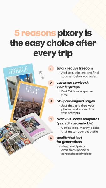 This image ad promotes Pixory, a service that helps customers turn their travel photos into coffee table-worthy photo bo