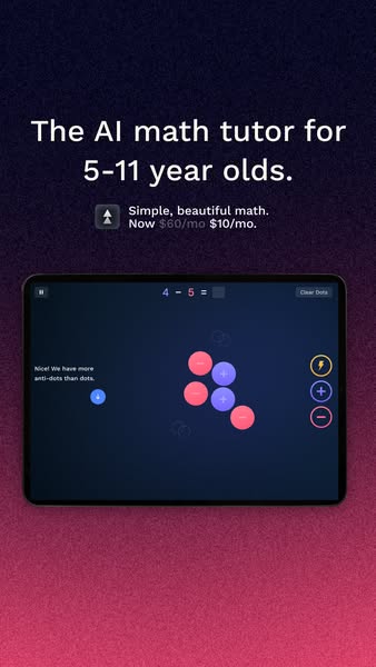 This ad promotes an AI math tutor app for children aged 5-11, emphasizing its simplicity and affordability with a discou