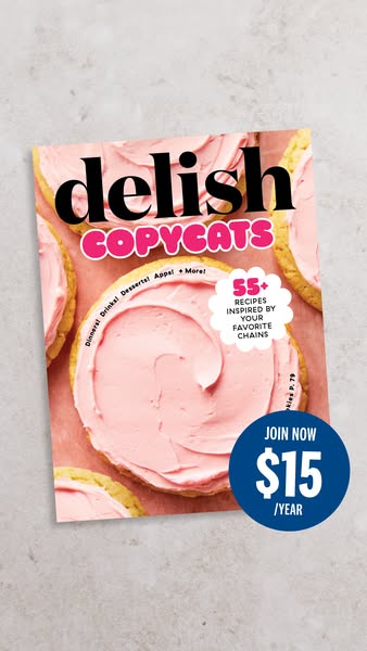 This is an image ad for a Delish magazine subscription that promises 55+ recipes inspired by favorite chain restaurants 