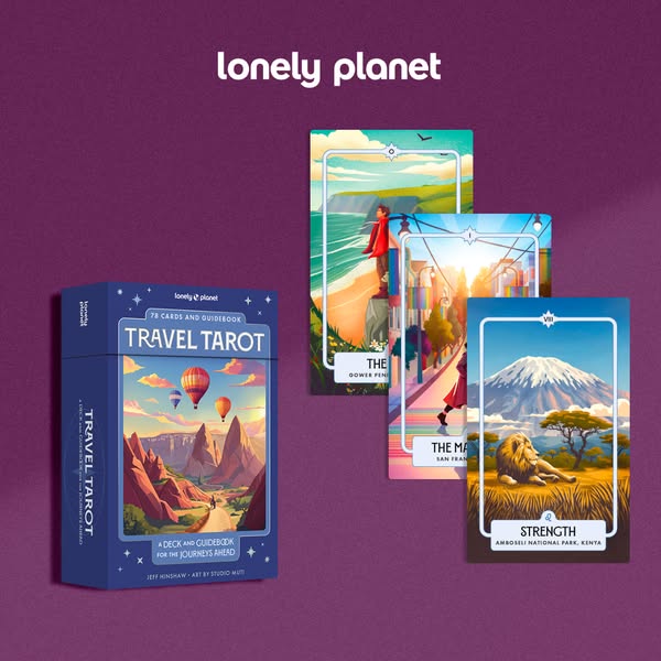 This is an advertisement for Lonely Planet's Travel Tarot deck. It includes 78 cards and a guidebook for the journey