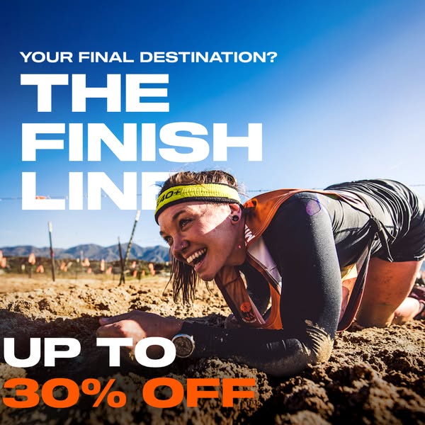 This ad features a woman crawling through dirt at the finish line of an event. The ad promotes a sale of up to 30% off.