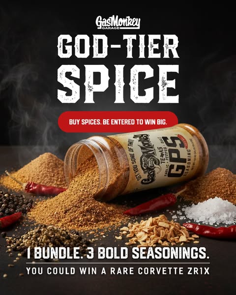 This image promotes a bundle of Gas Monkey Garage spices and incentivizes a purchase by offering an entry to win a rare 