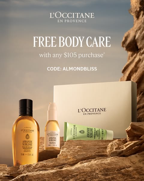 This image ad promotes L'Occitane en Provence and an offer of free body care with any $105 purchase using the code A