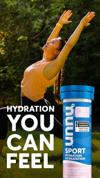 This ad features a woman doing yoga in a park, promoting Nuun Sport Hydration tablets. The ad emphasizes the feeling of 
