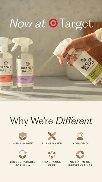A static image ad promoting Branch Basics cleaning products, now available at Target. The ad features images of the clea