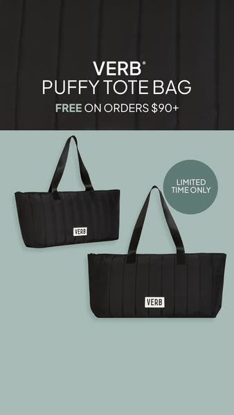 An advertisement for the Verb Puffy Tote Bag, which is offered as a free gift with orders over $90 for a limited time.
