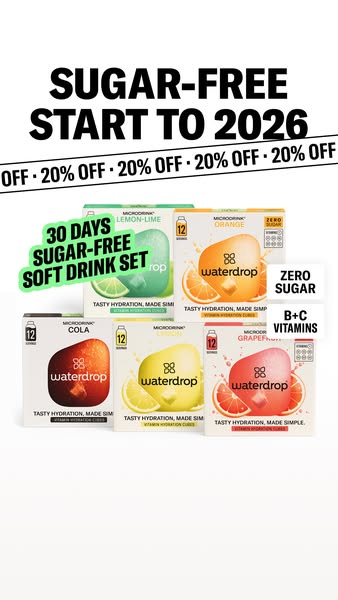 This ad promotes Waterdrop's sugar-free soft drink set, highlighting its health benefits and offering a discount.