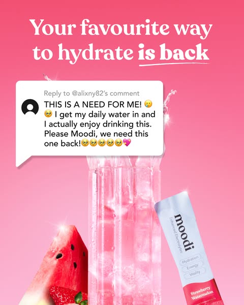 This ad uses a customer testimonial in the form of a social media comment to promote Moodi's Strawberry Watermelon f