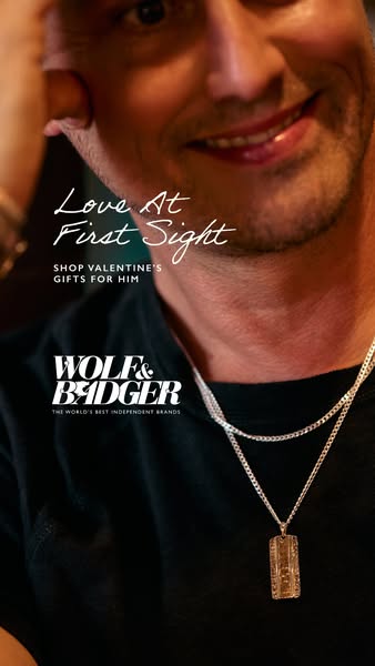 This ad for Wolf & Badger features a close up of a man's face and neck wearing layered necklaces. The ad promote