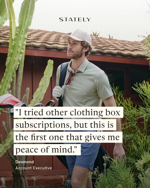 This image ad features a testimonial from an account executive named Desmond, who states that Stately clothing box subsc