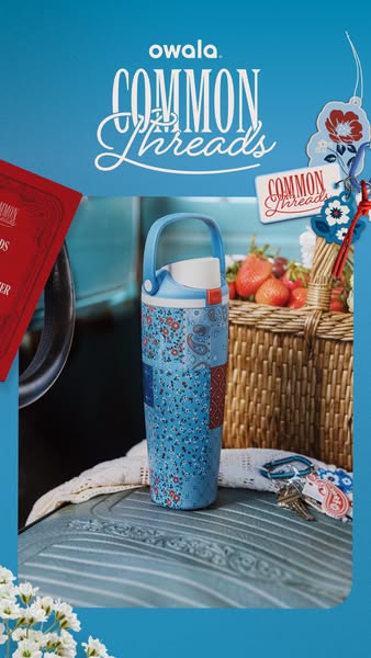 This Owala ad showcases their new 'Common Threads' water bottle, styled in front of a vintage picnic scene with 