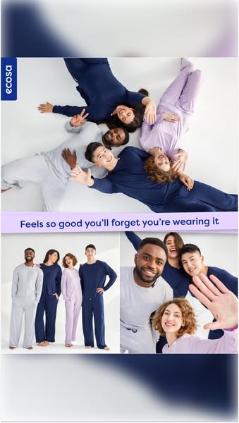 The image ad showcases Ecosa's loungewear with a group of diverse individuals wearing the clothing and expressing it