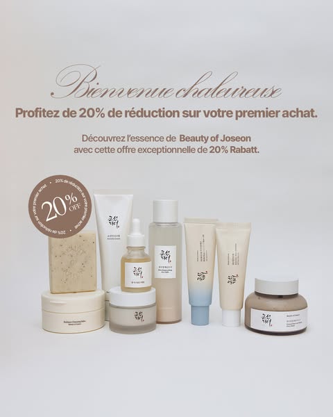 This ad for Beauty of Joseon promotes their skincare products and offers 20% off the first purchase.