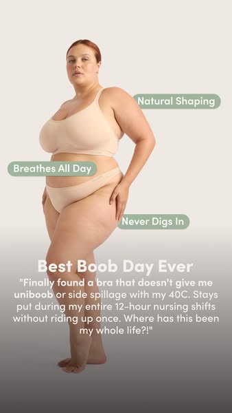 This image ad features a plus-size woman wearing a bra and underwear set. The ad highlights the bra's features, such
