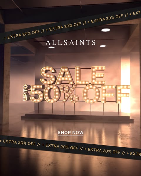 This image ad for AllSaints promotes a sale of up to 50% off, with an additional 20% off.
