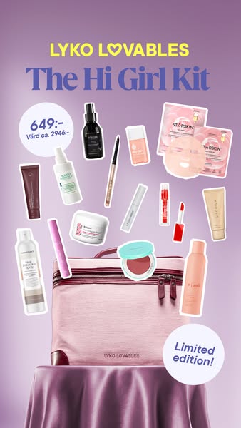 An ad for the Lyko Lovables 'Hi Girl Kit' which is a collection of beauty products. The ad features the products
