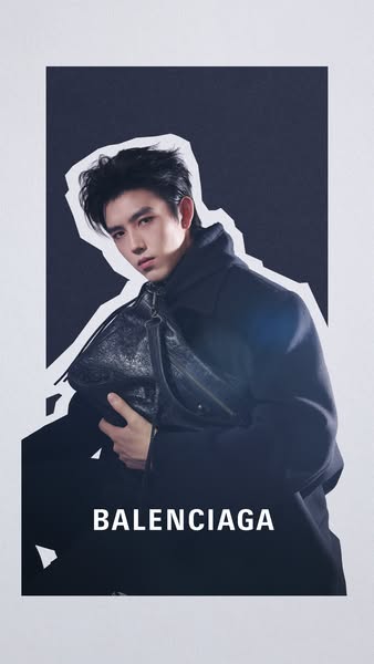 This is an image ad featuring a man in a black coat holding a black Balenciaga bag. The ad is designed with a cutout eff