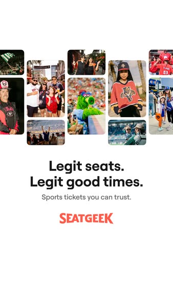 This SeatGeek image ad uses fan imagery and the tagline "Legit seats. Legit good times." to establish trust wi