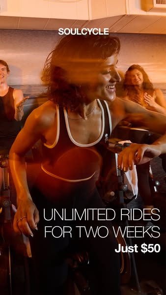This image ad for SoulCycle promotes a limited-time offer of unlimited rides for two weeks at a price of $50. The ad fea