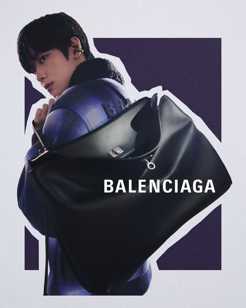 This image ad features a person with a Balenciaga handbag. The image is designed to be modern and trendy.