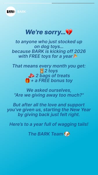 A brand promotes a giveaway where customers can receive free toys and treats.