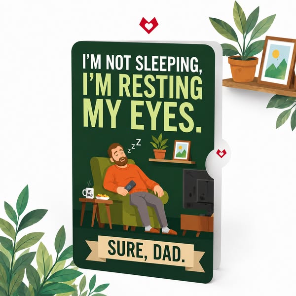The ad is for a card. The image is of a drawing of a father asleep on the couch in front of the TV and the caption says 