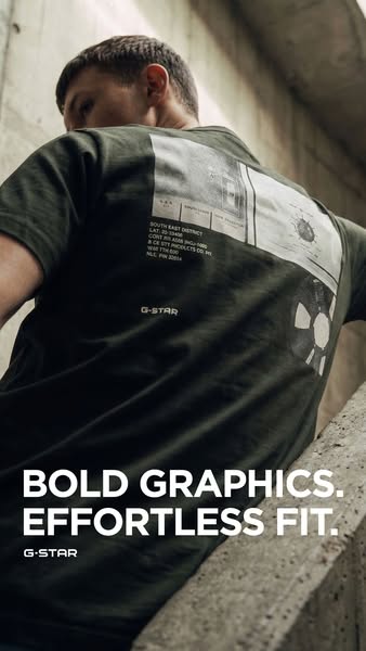 This ad promotes G-Star apparel, specifically a t-shirt with graphic prints on the back. The visual focus is on the t-sh
