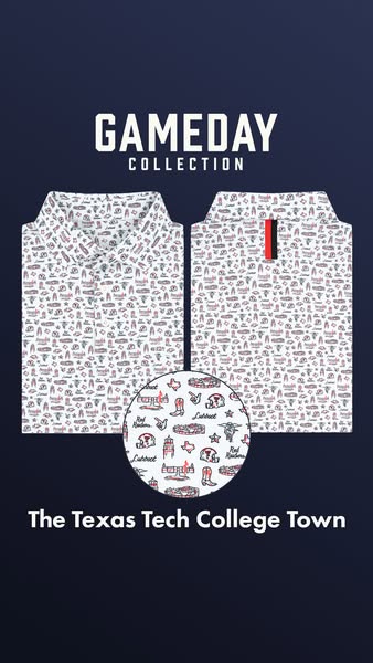 This ad promotes a gameday collection shirt for the Texas Tech college town. The shirt has a repeating pattern of variou
