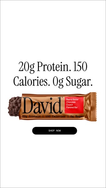 This image ad for David protein bars highlights the product's nutritional benefits, including 20g of protein, 150 ca