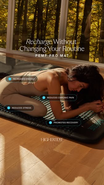 This ad for the HigherDOSE PEMF Pro Mat features a woman using the mat in a sunlit room. The ad highlights the mat's