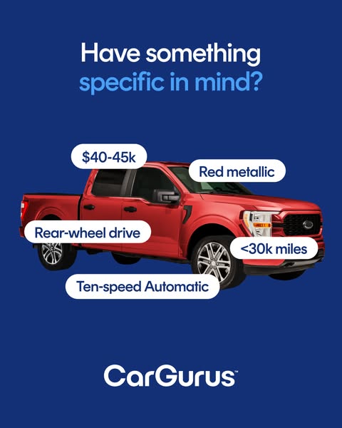 This ad by CarGurus uses a red pickup truck and labels to highlight key features that a user might be looking for in a v