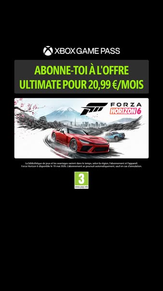 This ad promotes the Xbox Game Pass Ultimate subscription, highlighting that subscribers gain access to the game Forza H