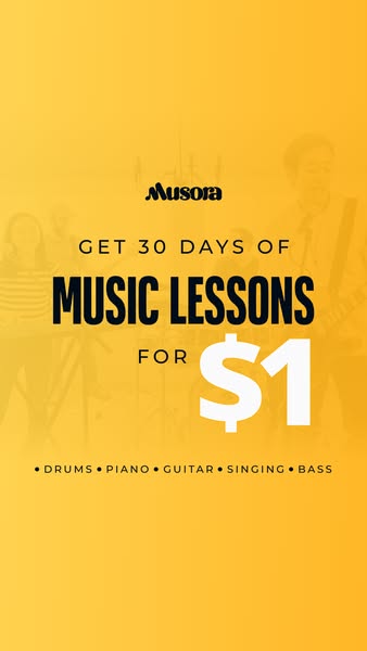 This ad promotes Musora and their offer for 30 days of music lessons for $1. The image is a bright, inviting yellow colo
