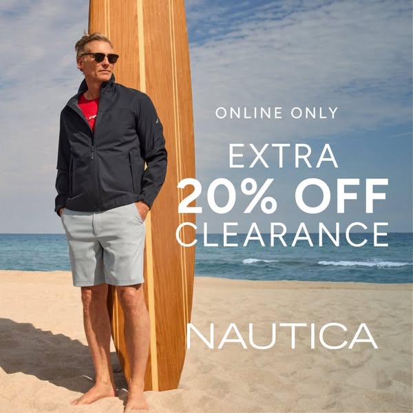 The ad showcases a man in Nautica clothing on a beach, next to a surfboard, advertising an online-only clearance event w
