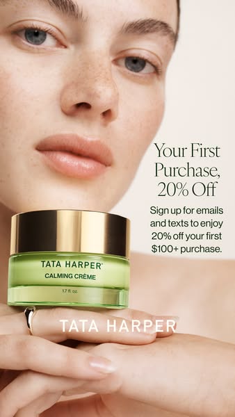 This image ad for Tata Harper's Calming Crème features a close-up of a woman's face and hands, promoting a 20% d