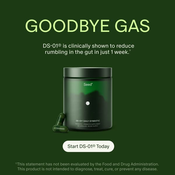 Image ad for Seed DS-01 Daily Synbiotic that highlights the product's ability to reduce gut rumbling. The ad feature