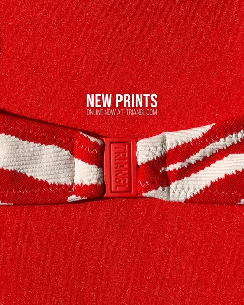 This image ad showcases a close up of a red and white bikini top, advertising new prints from Triangl.