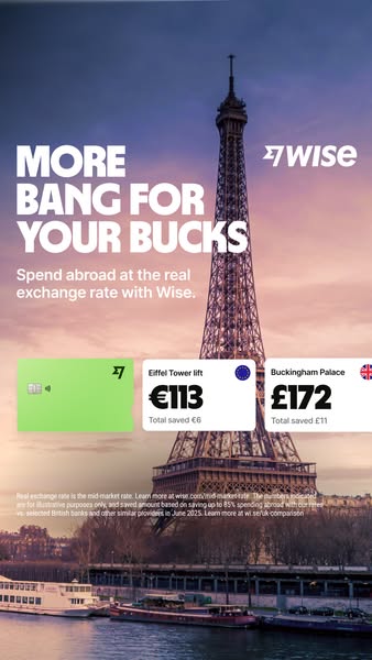 This ad for Wise highlights its offering of real exchange rates for international spending, presenting a cost comparison