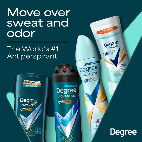The ad showcases Degree Advanced antiperspirant as the world's #1 solution for sweat and odor protection, featuring 