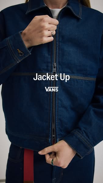 This ad presents a close-up of a Vans denim jacket, focusing on the jacket itself and its branding.
