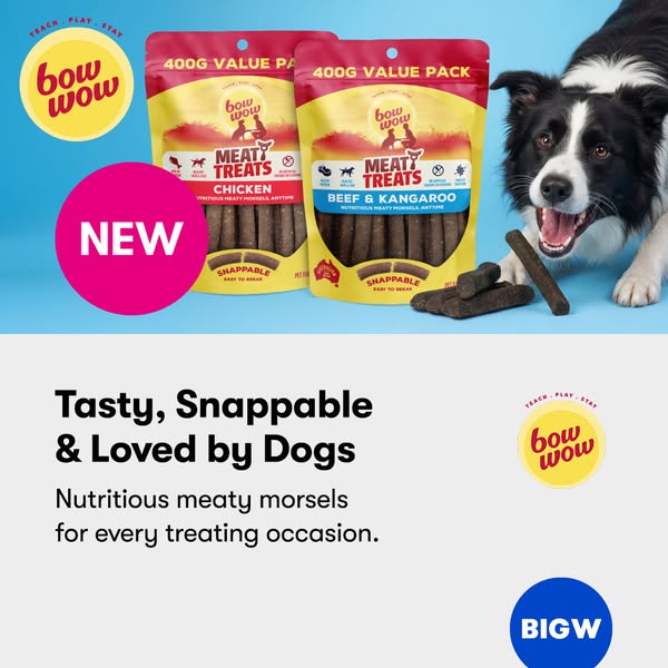 An image ad for Bow Wow dog treats features two treat flavors next to a dog, along with text that reads "Tasty, Sna