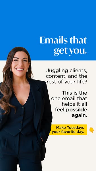 This ad promotes an email service that helps users manage their clients and content. The ad features a woman in a busine