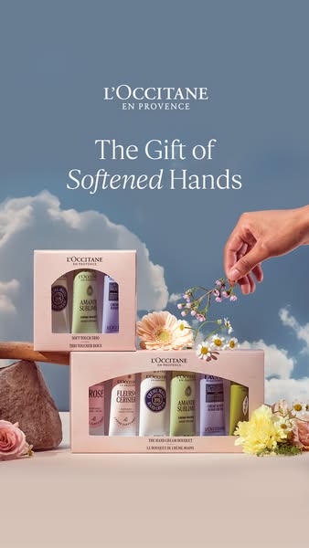This ad showcases L'Occitane en Provence hand cream gift sets. It features multiple product displays against a soft,