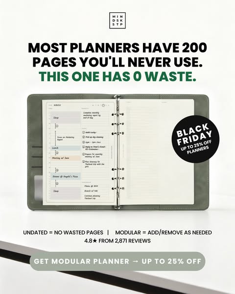This ad highlights the problem of unused pages in traditional planners and offers a modular planner as a solution, empha