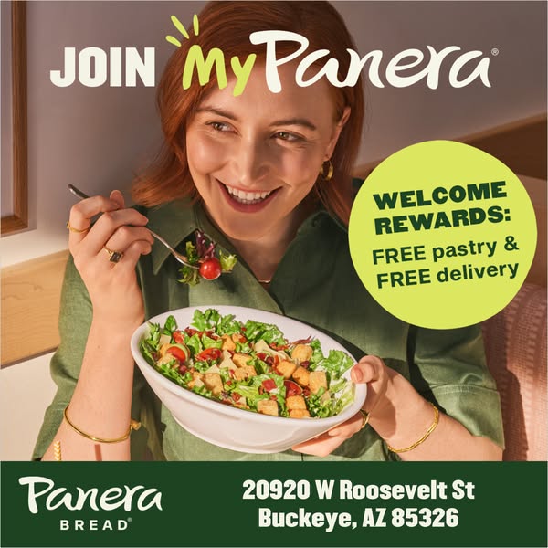 This image ad is for Panera Bread and prompts viewers to join MyPanera for rewards like a free pastry and free delivery.
